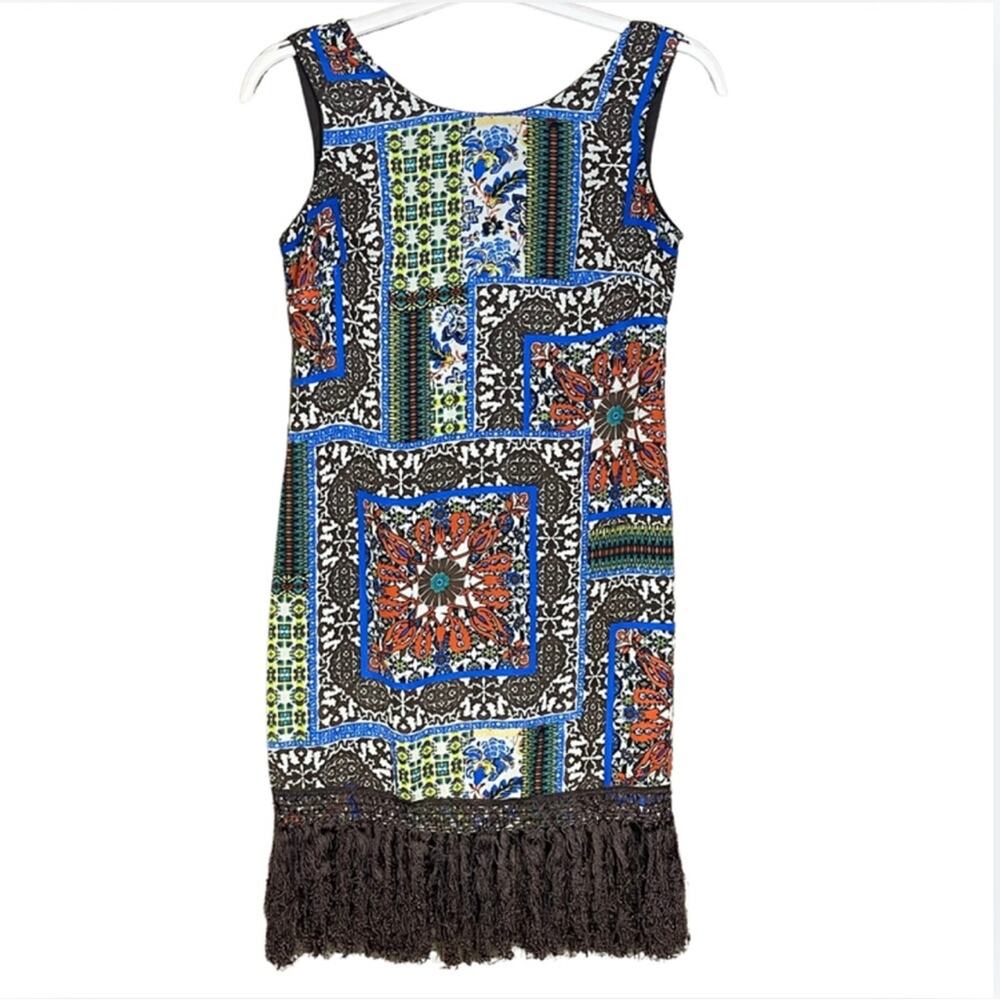 Cato sleeveless dress brown blue lined fringe lightweight party summer size 6
